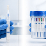 Mouth swab vs urine drug test comparison showing an oral fluid swab and urine test cup