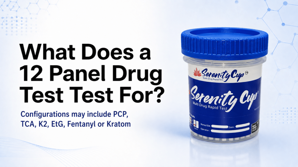 Serenity 12 panel drug test cup with PCP, TCA, K2, EtG, fentanyl and kratom configuration guide