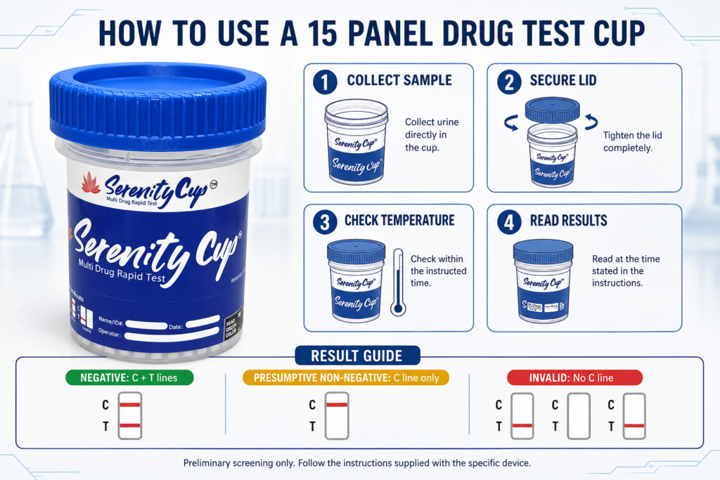 How to use a 15 panel drug test cup: collect sample, secure lid, check temperature and read results