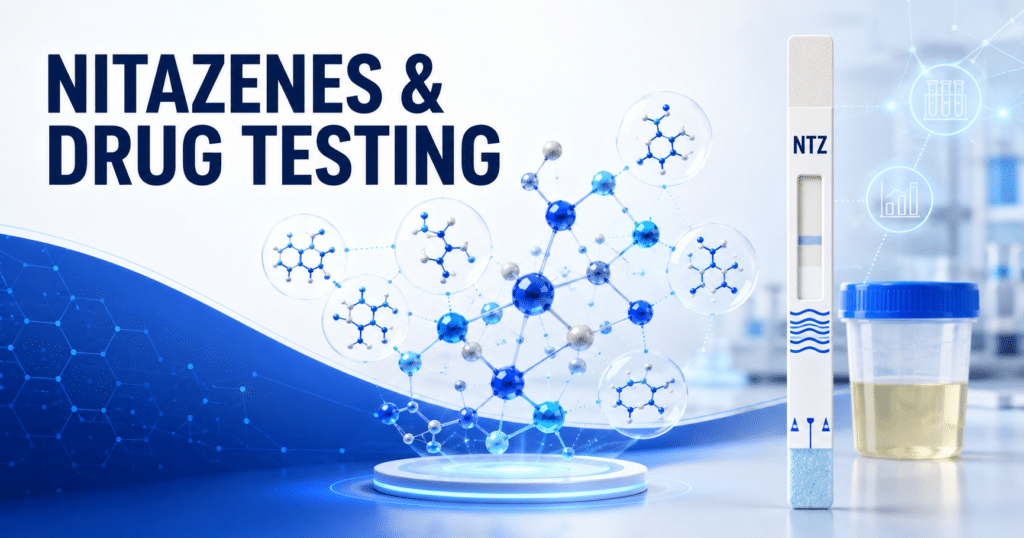 what are nitazenes, Nitazenes and drug testing illustration with an NTZ urine test strip and emerging synthetic opioid molecules