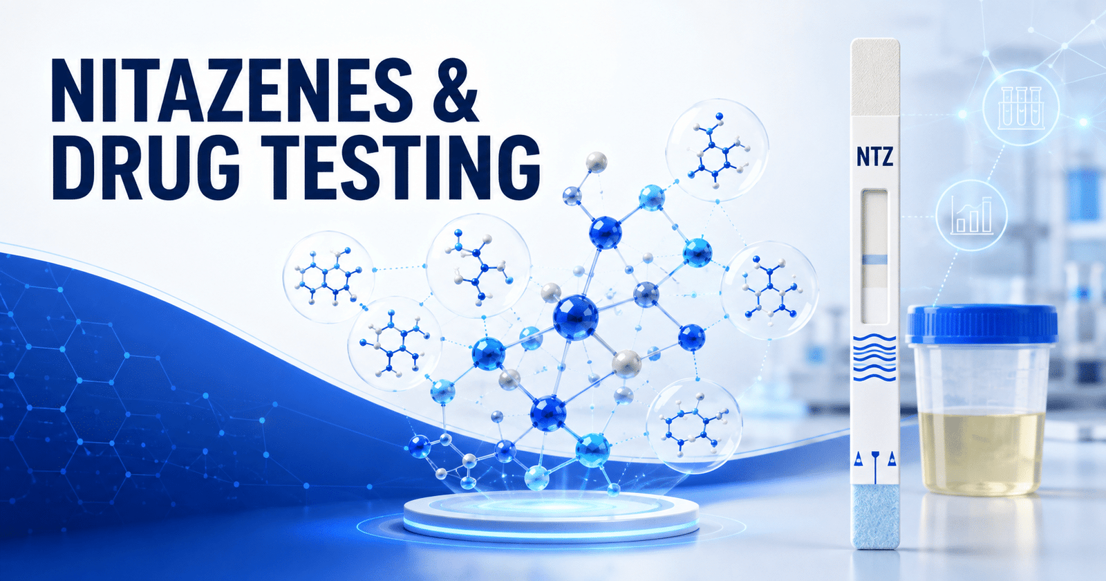 what are nitazenes, Nitazenes and drug testing illustration with an NTZ urine test strip and emerging synthetic opioid molecules