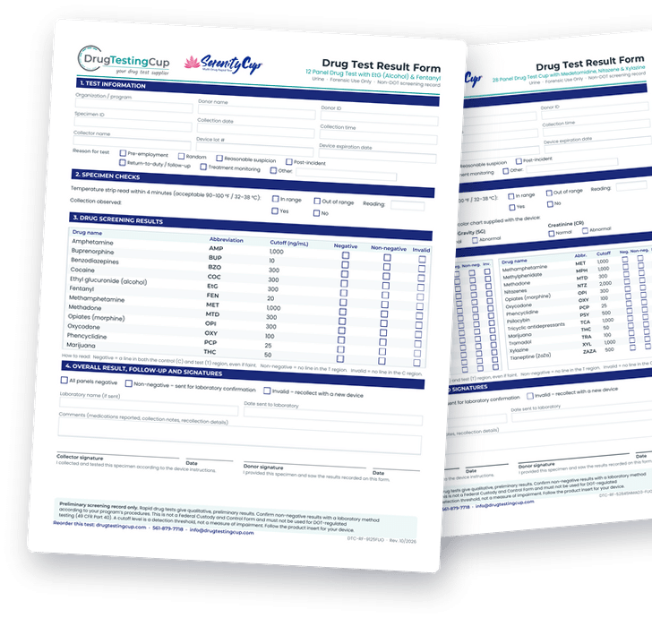 Drug Test Result Form Preview Example printable drug test result forms for a 12 panel and a 28 panel drug test cup